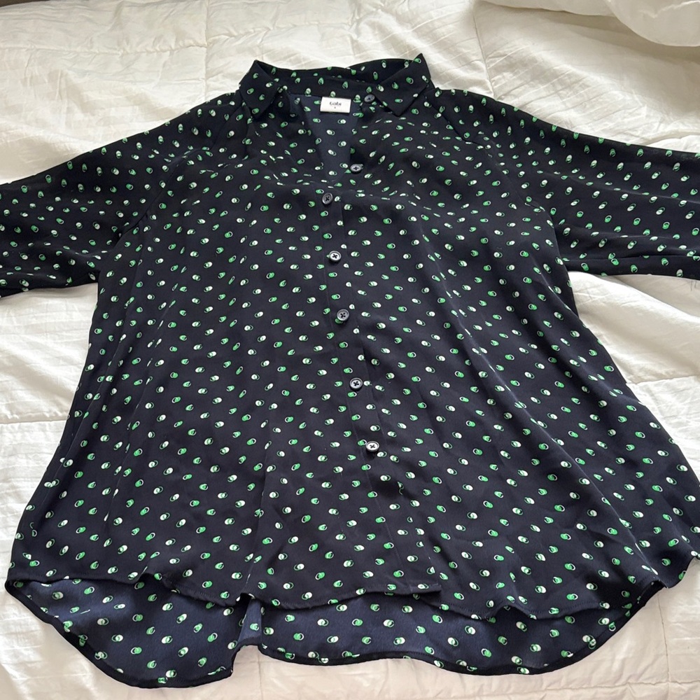 CAbi navy and Green Button Down blouse